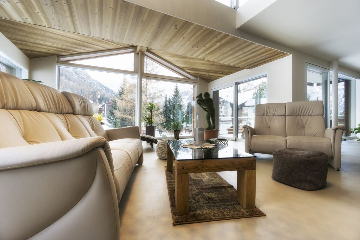 living room of luxury house with mountain view in modern design